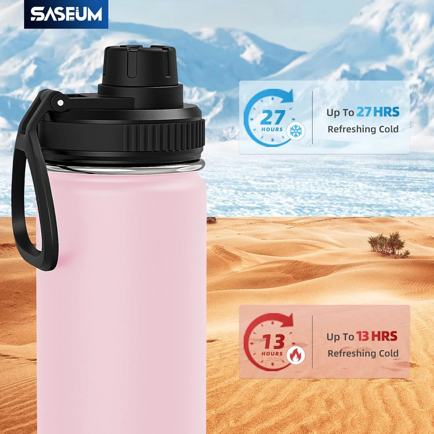 Kids Sport Water Bottle 16oz Stainless Steel Double Wall Vacuum Thermal Mug with Leak Proof Spout Lids, Wide Mouth Metal Insulated Water Jug for Gym and Travel（Pink）