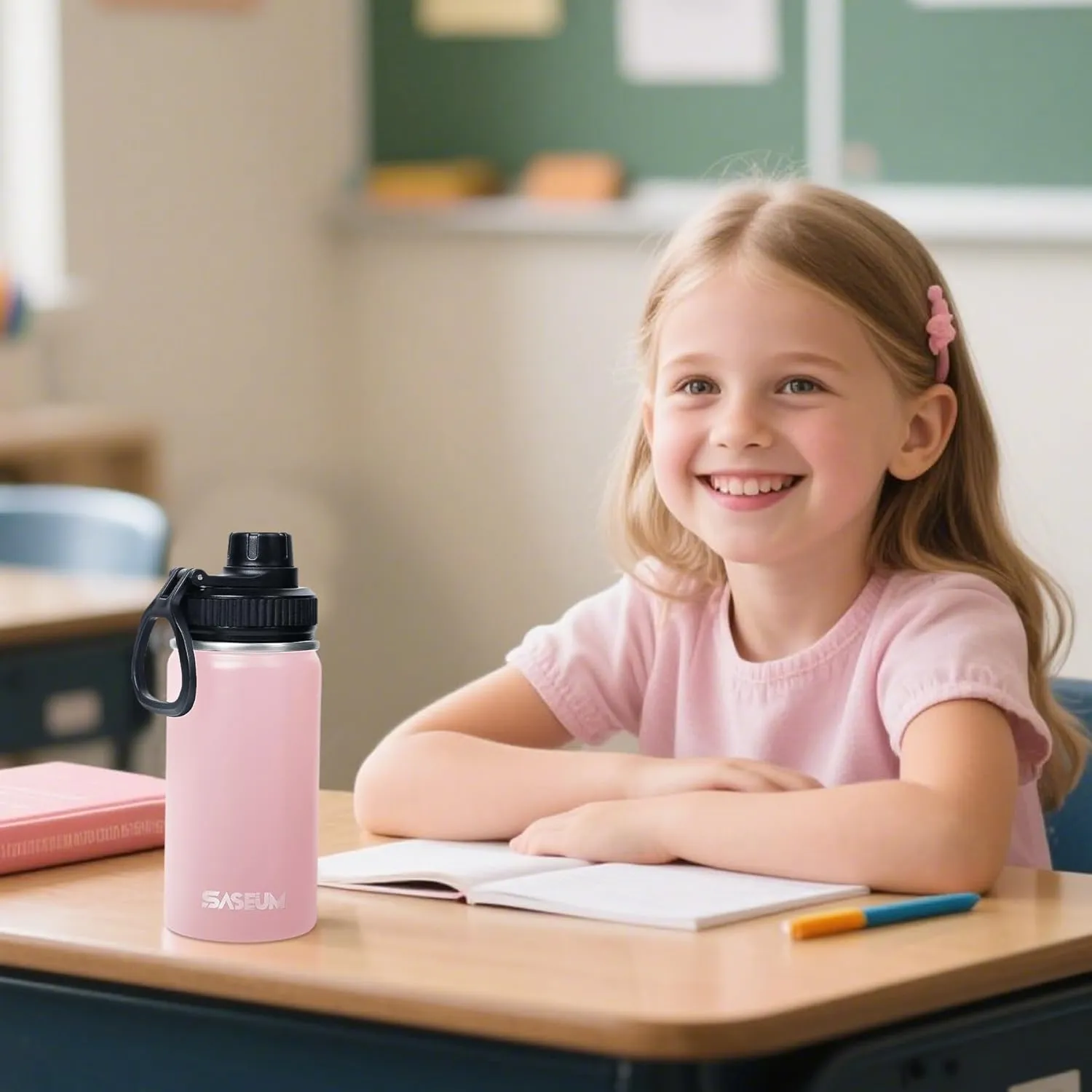 Kids Sport Water Bottle 16oz Stainless Steel Double Wall Vacuum Thermal Mug with Leak Proof Spout Lids, Wide Mouth Metal Insulated Water Jug for Gym and Travel（Pink）