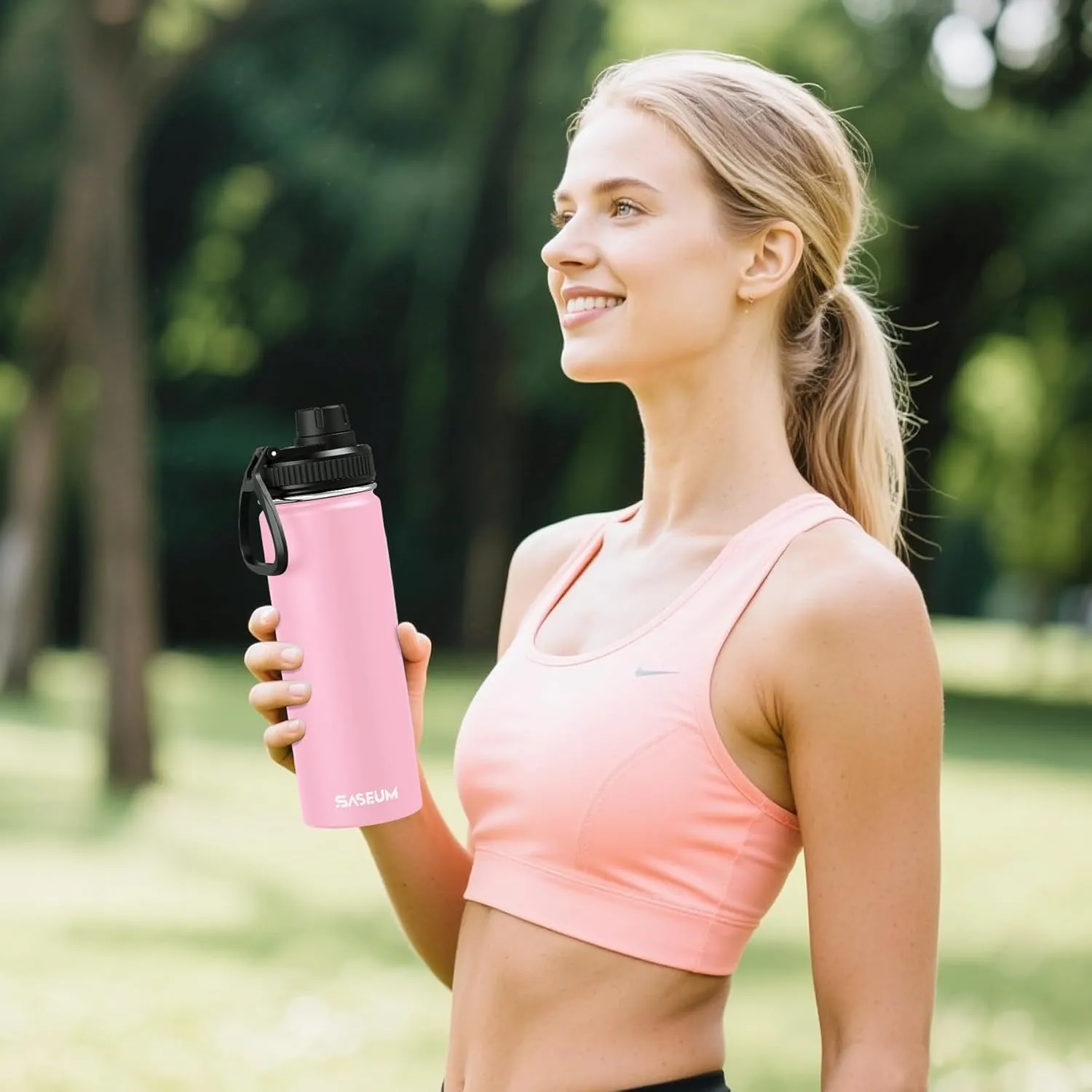 Kids Sport Water Bottle 16oz Stainless Steel Double Wall Vacuum Thermal Mug with Leak Proof Spout Lids, Wide Mouth Metal Insulated Water Jug for Gym and Travel（Pink）