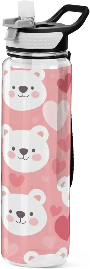 Kigai Transparent Sports Water Bottle 32oz, Bear Face Leakproof Wide Mouth Water Bottle with Straw, BPA Free Water Jug with Detachable Strap & Handle for Fitness Gym Outdoor