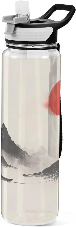 Kigai Transparent Sports Water Bottle 32oz, Chinese Ink Painting Leakproof Wide Mouth Water Bottle with Straw, BPA Free Water Jug with Detachable Strap & Handle for Fitness Gym Outdoor