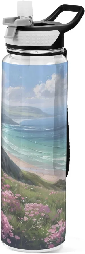 Kigai Transparent Sports Water Bottle 32oz, Coastline Leakproof Wide Mouth Water Bottle with Straw, BPA Free Water Jug with Detachable Strap & Handle for Fitness Gym Outdoor