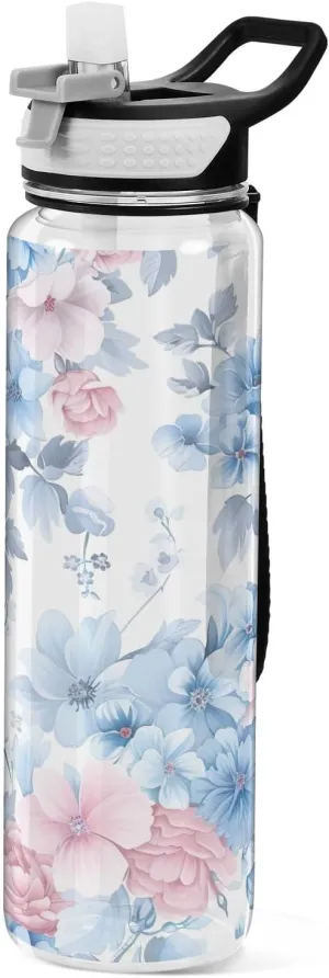 Kigai Transparent Sports Water Bottle 32oz, Floral Bouquet Leakproof Wide Mouth Water Bottle with Straw, BPA Free Water Jug with Detachable Strap & Handle for Fitness Gym Outdoor