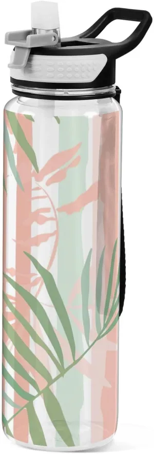 Kigai Transparent Sports Water Bottle 32oz, Green Palm Leaf Leakproof Wide Mouth Water Bottle with Straw, BPA Free Water Jug with Detachable Strap & Handle for Fitness Gym Outdoor