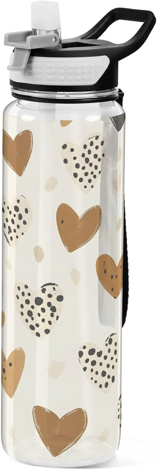 Kigai Transparent Sports Water Bottle 32oz, Hand Drawn Hearts Leakproof Wide Mouth Water Bottle with Straw, BPA Free Water Jug with Detachable Strap & Handle for Fitness Gym Outdoor