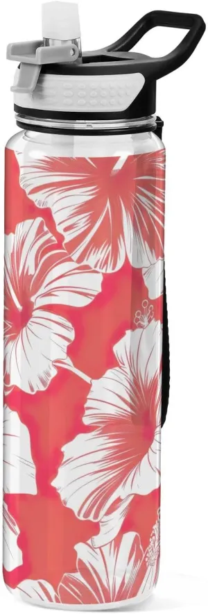 Kigai Transparent Sports Water Bottle 32oz, Hibiscus Flower Leakproof Wide Mouth Water Bottle with Straw, BPA Free Water Jug with Detachable Strap & Handle for Fitness Gym Outdoor