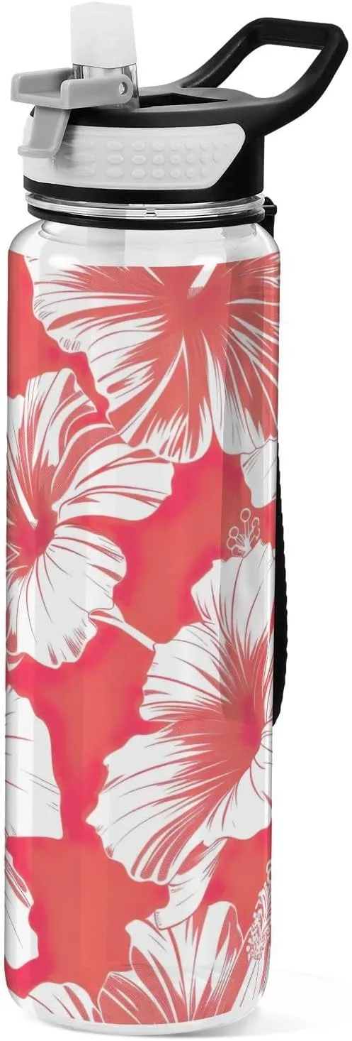 Kigai Transparent Sports Water Bottle 32oz, Hibiscus Flower Leakproof Wide Mouth Water Bottle with Straw, BPA Free Water Jug with Detachable Strap & Handle for Fitness Gym Outdoor