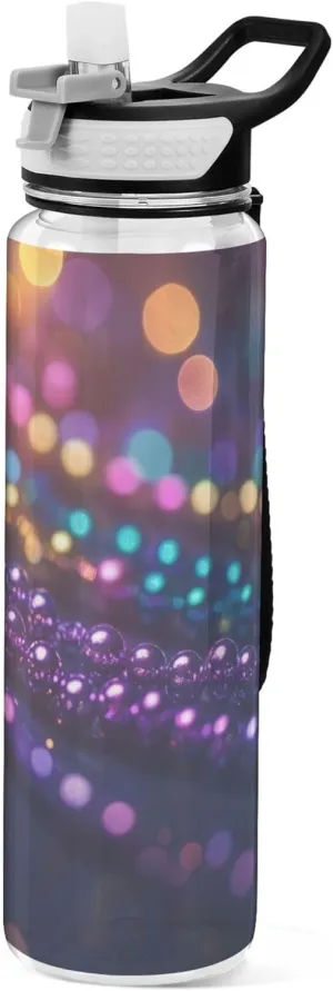 Kigai Transparent Sports Water Bottle 32oz, Mardi Gras Bead Leakproof Wide Mouth Water Bottle with Straw, BPA Free Water Jug with Detachable Strap & Handle for Fitness Gym Outdoor
