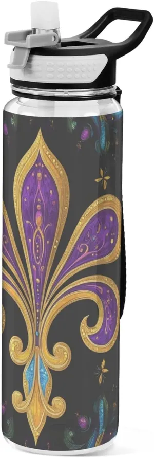 Kigai Transparent Sports Water Bottle 32oz, Mardi Gras Fleur-de-lis Leakproof Wide Mouth Water Bottle with Straw, BPA Free Water Jug with Detachable Strap & Handle for Fitness Gym Outdoor