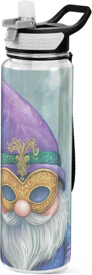 Kigai Transparent Sports Water Bottle 32oz, Mardi Gras Gnome Leakproof Wide Mouth Water Bottle with Straw, BPA Free Water Jug with Detachable Strap & Handle for Fitness Gym Outdoor