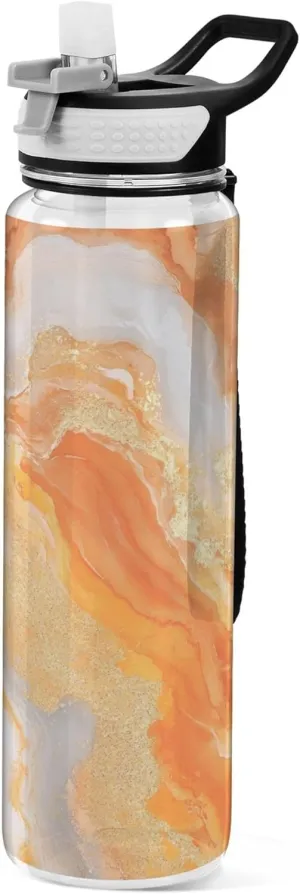 Kigai Transparent Sports Water Bottle 32oz, Orange Marble Leakproof Wide Mouth Water Bottle with Straw, BPA Free Water Jug with Detachable Strap & Handle for Fitness Gym Outdoor