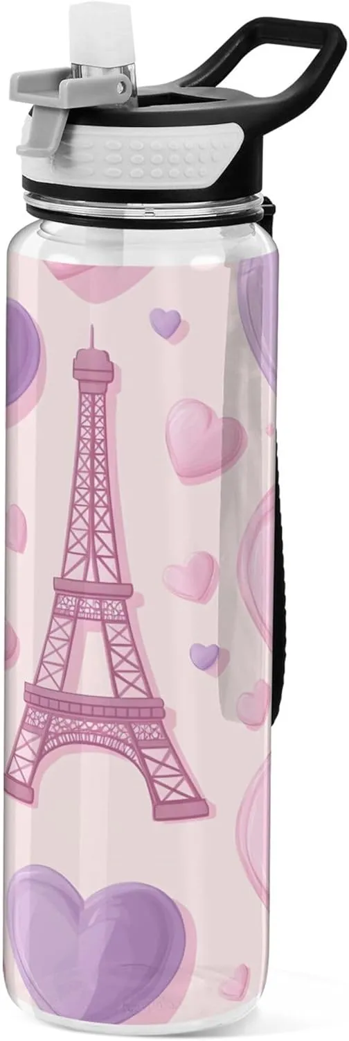 Kigai Transparent Sports Water Bottle 32oz, Pink Hearts Eiffel Tower Leakproof Wide Mouth Water Bottle with Straw, BPA Free Water Jug with Detachable Strap & Handle for Fitness Gym Outdoor