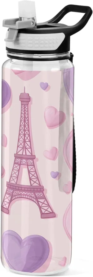 Kigai Transparent Sports Water Bottle 32oz, Pink Hearts Eiffel Tower Leakproof Wide Mouth Water Bottle with Straw, BPA Free Water Jug with Detachable Strap & Handle for Fitness Gym Outdoor