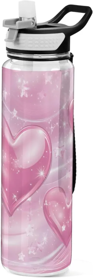 Kigai Transparent Sports Water Bottle 32oz, Pink Hearts Stars Leakproof Wide Mouth Water Bottle with Straw, BPA Free Water Jug with Detachable Strap & Handle for Fitness Gym Outdoor