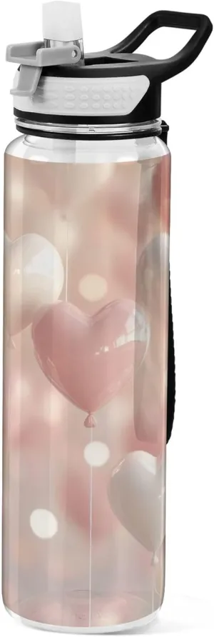Kigai Transparent Sports Water Bottle 32oz, Pink White Heart Balloon Leakproof Wide Mouth Water Bottle with Straw, BPA Free Water Jug with Detachable Strap & Handle for Fitness Gym Outdoor