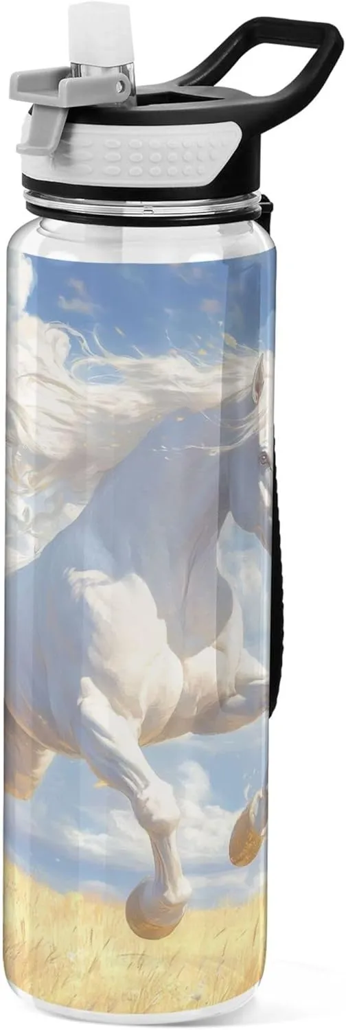 Kigai Transparent Sports Water Bottle 32oz, Running White Horse Leakproof Wide Mouth Water Bottle with Straw, BPA Free Water Jug with Detachable Strap & Handle for Fitness Gym Outdoor