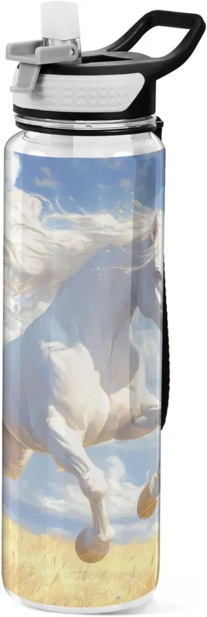Kigai Transparent Sports Water Bottle 32oz, Running White Horse Leakproof Wide Mouth Water Bottle with Straw, BPA Free Water Jug with Detachable Strap & Handle for Fitness Gym Outdoor