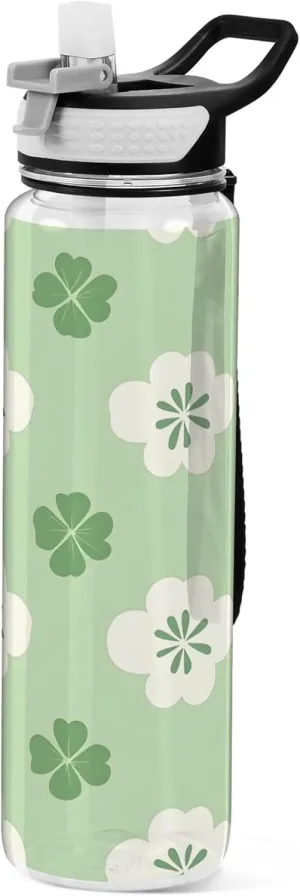 Kigai Transparent Sports Water Bottle 32oz, Shamrock Leakproof Wide Mouth Water Bottle with Straw, BPA Free Water Jug with Detachable Strap & Handle for Fitness Gym Outdoor