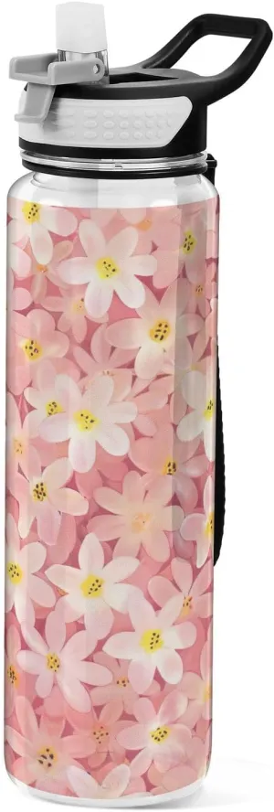 Kigai Transparent Sports Water Bottle 32oz, Small Flowers Leakproof Wide Mouth Water Bottle with Straw, BPA Free Water Jug with Detachable Strap & Handle for Fitness Gym Outdoor