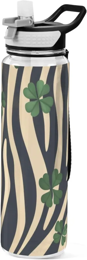 Kigai Transparent Sports Water Bottle 32oz, St. Patrick Clover Leakproof Wide Mouth Water Bottle with Straw, BPA Free Water Jug with Detachable Strap & Handle for Fitness Gym Outdoor