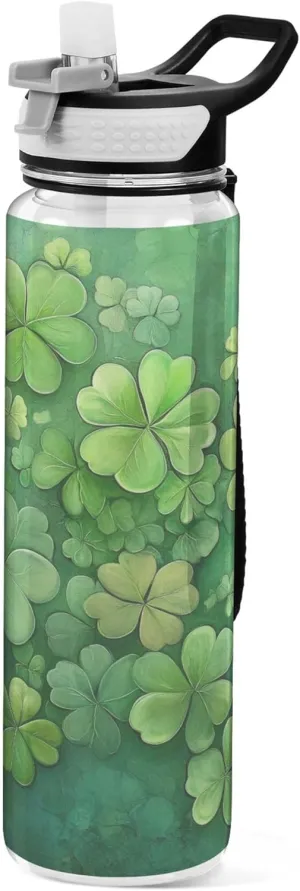 Kigai Transparent Sports Water Bottle 32oz, St. Patrick Clover Leakproof Wide Mouth Water Bottle with Straw, BPA Free Water Jug with Detachable Strap & Handle for Fitness Gym Outdoor