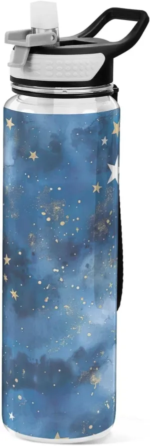 Kigai Transparent Sports Water Bottle 32oz, Stars Sky Leakproof Wide Mouth Water Bottle with Straw, BPA Free Water Jug with Detachable Strap & Handle for Fitness Gym Outdoor