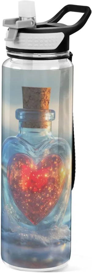 Kigai Transparent Sports Water Bottle 32oz, Valentine Heart in Bottle Leakproof Wide Mouth Water Bottle with Straw, BPA Free Water Jug with Detachable Strap & Handle for Fitness Gym Outdoor