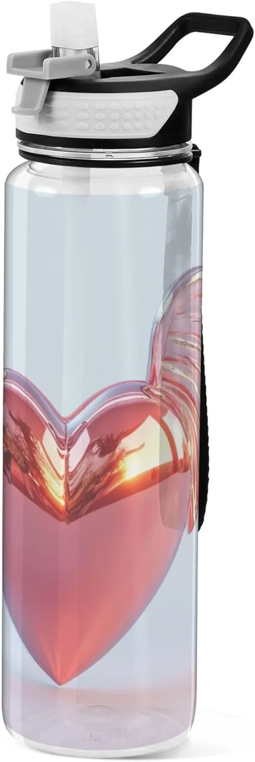 Kigai Transparent Sports Water Bottle 32oz, Valentine Heart in Wings Leakproof Wide Mouth Water Bottle with Straw, BPA Free Water Jug with Detachable Strap & Handle for Fitness Gym Outdoor
