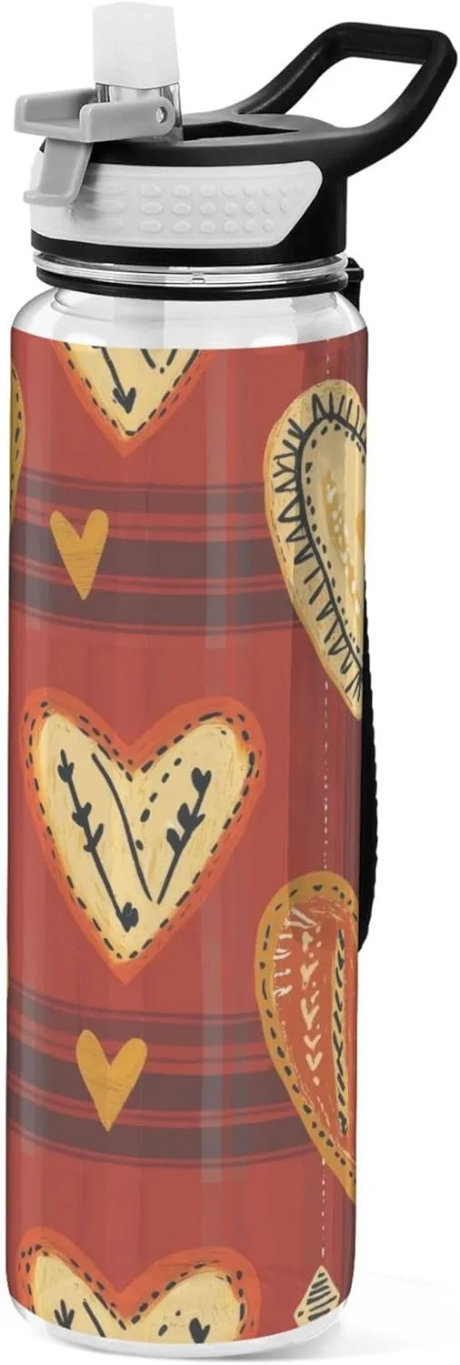 Kigai Transparent Sports Water Bottle 32oz, Valentine Heart Plaid Leakproof Wide Mouth Water Bottle with Straw, BPA Free Water Jug with Detachable Strap & Handle for Fitness Gym Outdoor