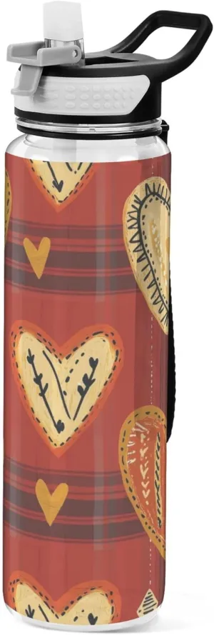 Kigai Transparent Sports Water Bottle 32oz, Valentine Heart Plaid Leakproof Wide Mouth Water Bottle with Straw, BPA Free Water Jug with Detachable Strap & Handle for Fitness Gym Outdoor