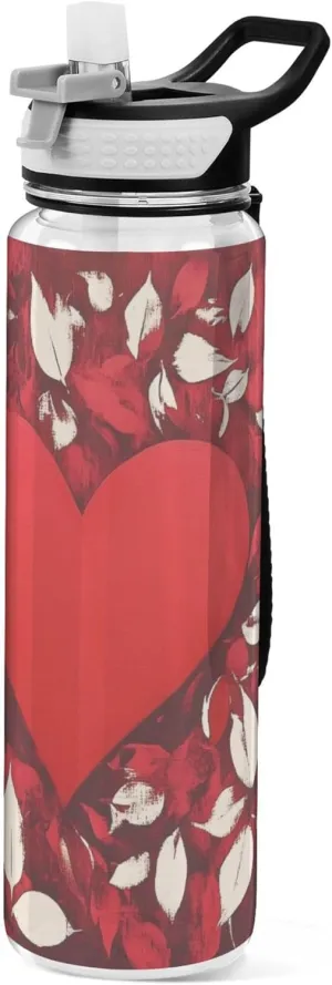 Kigai Transparent Sports Water Bottle 32oz, Valentine Red Heart Leakproof Wide Mouth Water Bottle with Straw, BPA Free Water Jug with Detachable Strap & Handle for Fitness Gym Outdoor