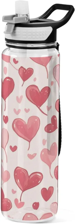 Kigai Transparent Sports Water Bottle 32oz, Valentine Red Heart Leakproof Wide Mouth Water Bottle with Straw, BPA Free Water Jug with Detachable Strap & Handle for Fitness Gym Outdoor