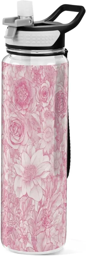 Kigai Transparent Sports Water Bottle 32oz, Vintage Pink Flowers Leakproof Wide Mouth Water Bottle with Straw, BPA Free Water Jug with Detachable Strap & Handle for Fitness Gym Outdoor