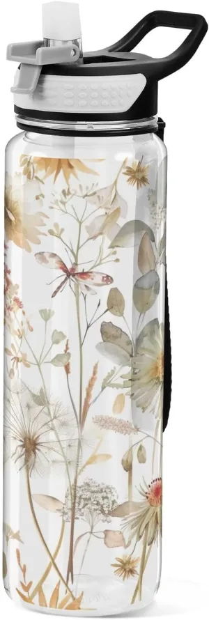 Kigai Transparent Sports Water Bottle 32oz, Watercolor Wildflowers Leakproof Wide Mouth Water Bottle with Straw, BPA Free Water Jug with Detachable Strap & Handle for Fitness Gym Outdoor