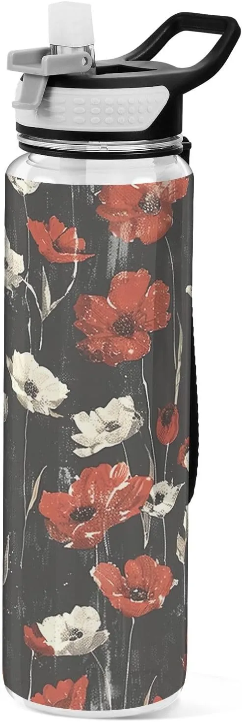 Kigai Transparent Sports Water Bottle 32oz, Wildflowers Leakproof Wide Mouth Water Bottle with Straw, BPA Free Water Jug with Detachable Strap & Handle for Fitness Gym Outdoor
