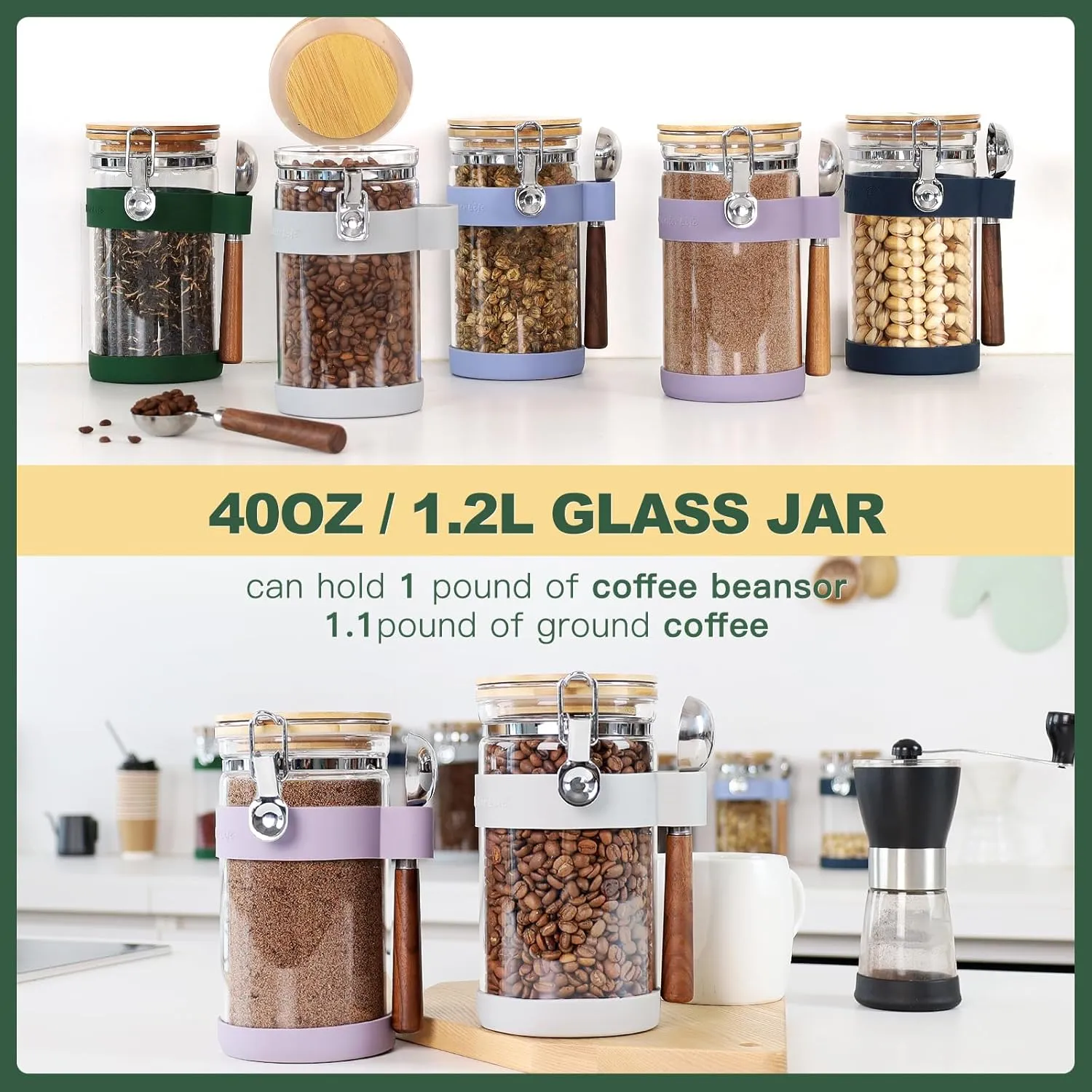 KKC Home Accents Airtight Glass Coffee Beans Storage Jar & Loose Leaf Tea Canister – Borosilicate Glass Container with Bamboo Lid, Scoop & Labels for Sugar,Tea,Nuts,Pantry Organization – 40 Fl. Oz