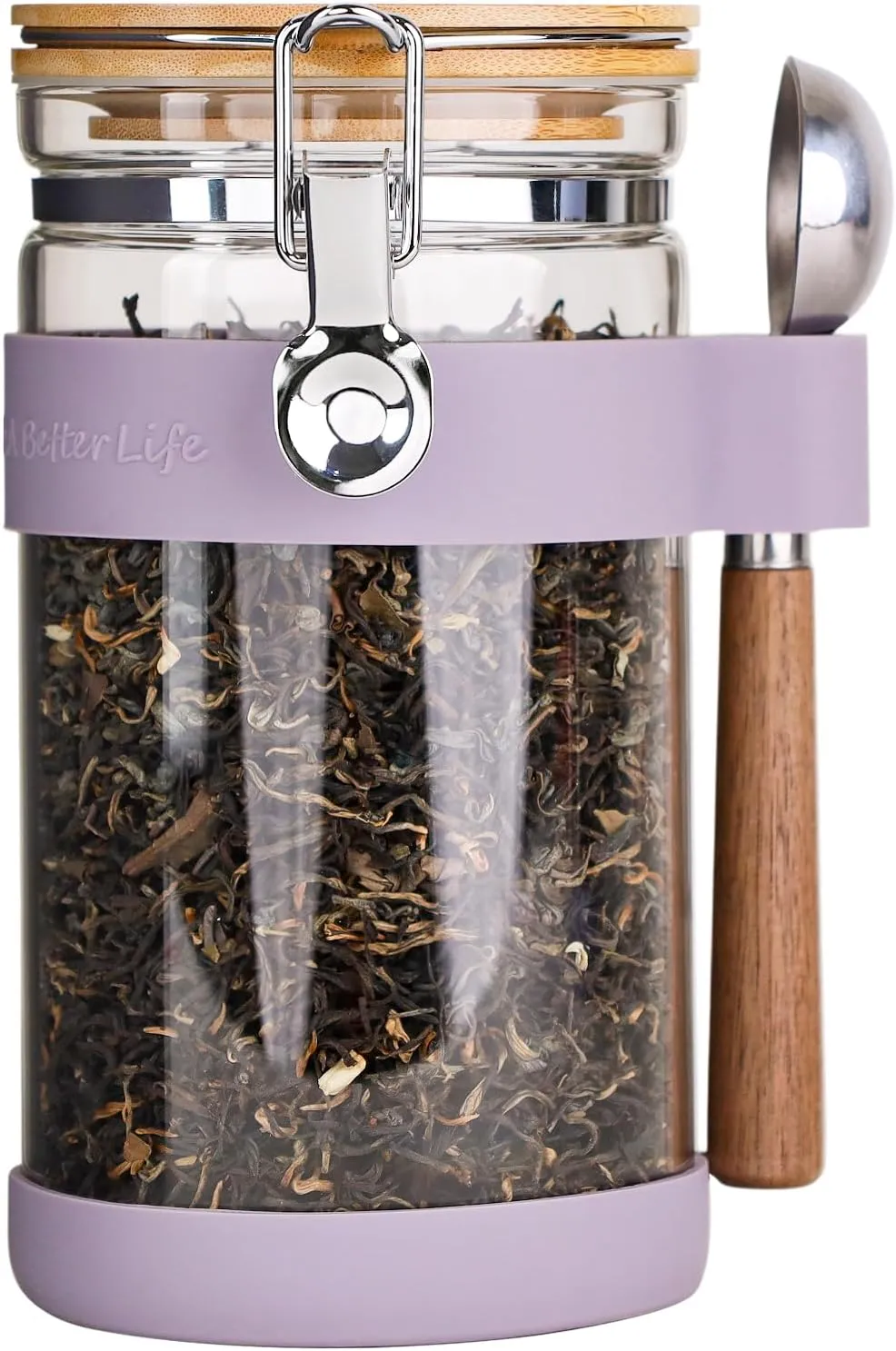 KKC Home Accents Airtight Glass Coffee Beans Storage Jar & Loose Leaf Tea Canister – Borosilicate Glass Container with Bamboo Lid, Scoop & Labels for Sugar,Tea,Nuts,Pantry Organization – 40 Fl. Oz
