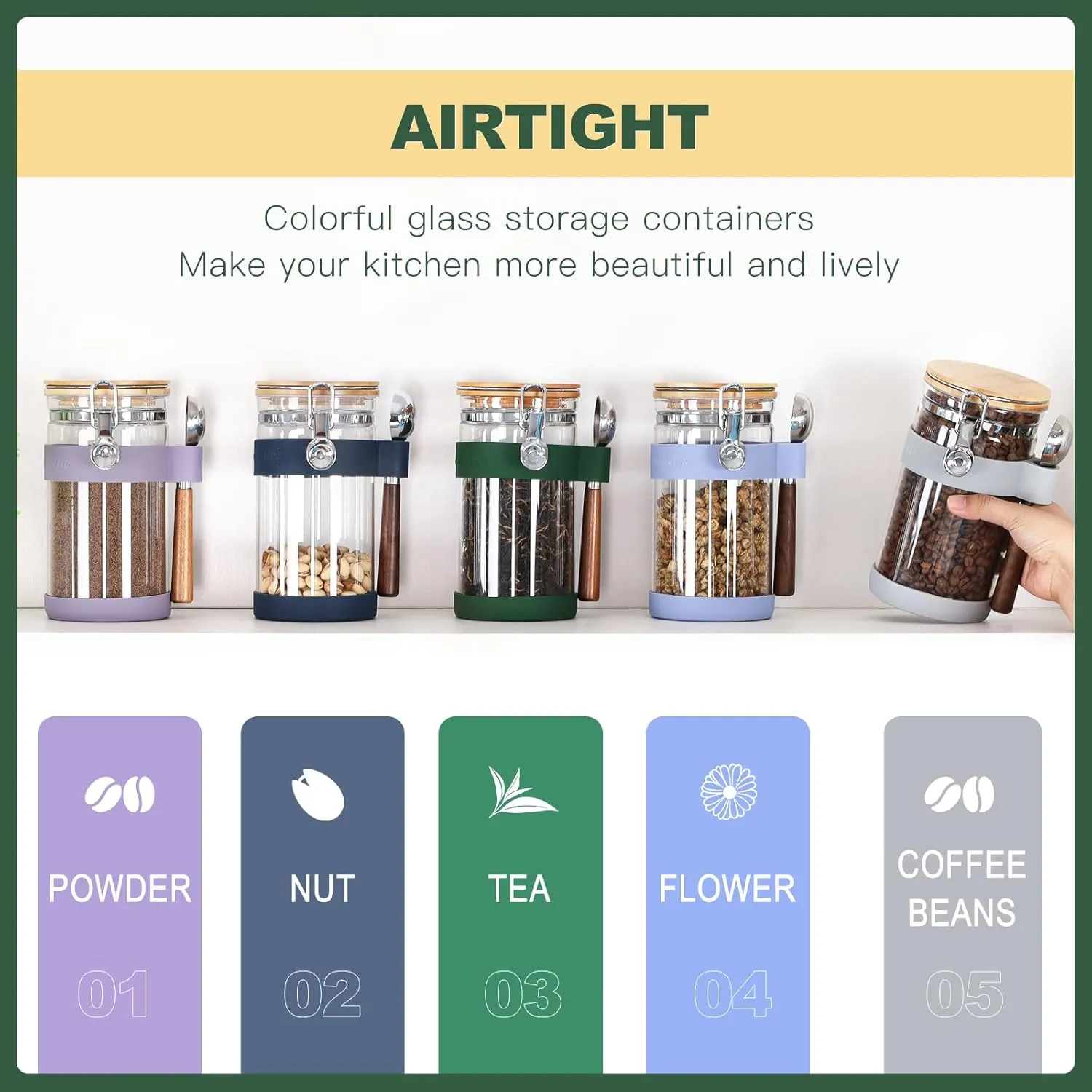 KKC Home Accents Airtight Glass Coffee Beans Storage Jar & Loose Leaf Tea Canister – Borosilicate Glass Container with Bamboo Lid, Scoop & Labels for Sugar,Tea,Nuts,Pantry Organization – 40 Fl. Oz