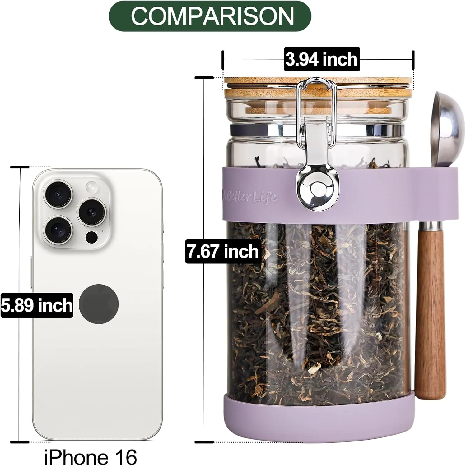 KKC Home Accents Airtight Glass Coffee Beans Storage Jar & Loose Leaf Tea Canister – Borosilicate Glass Container with Bamboo Lid, Scoop & Labels for Sugar,Tea,Nuts,Pantry Organization – 40 Fl. Oz