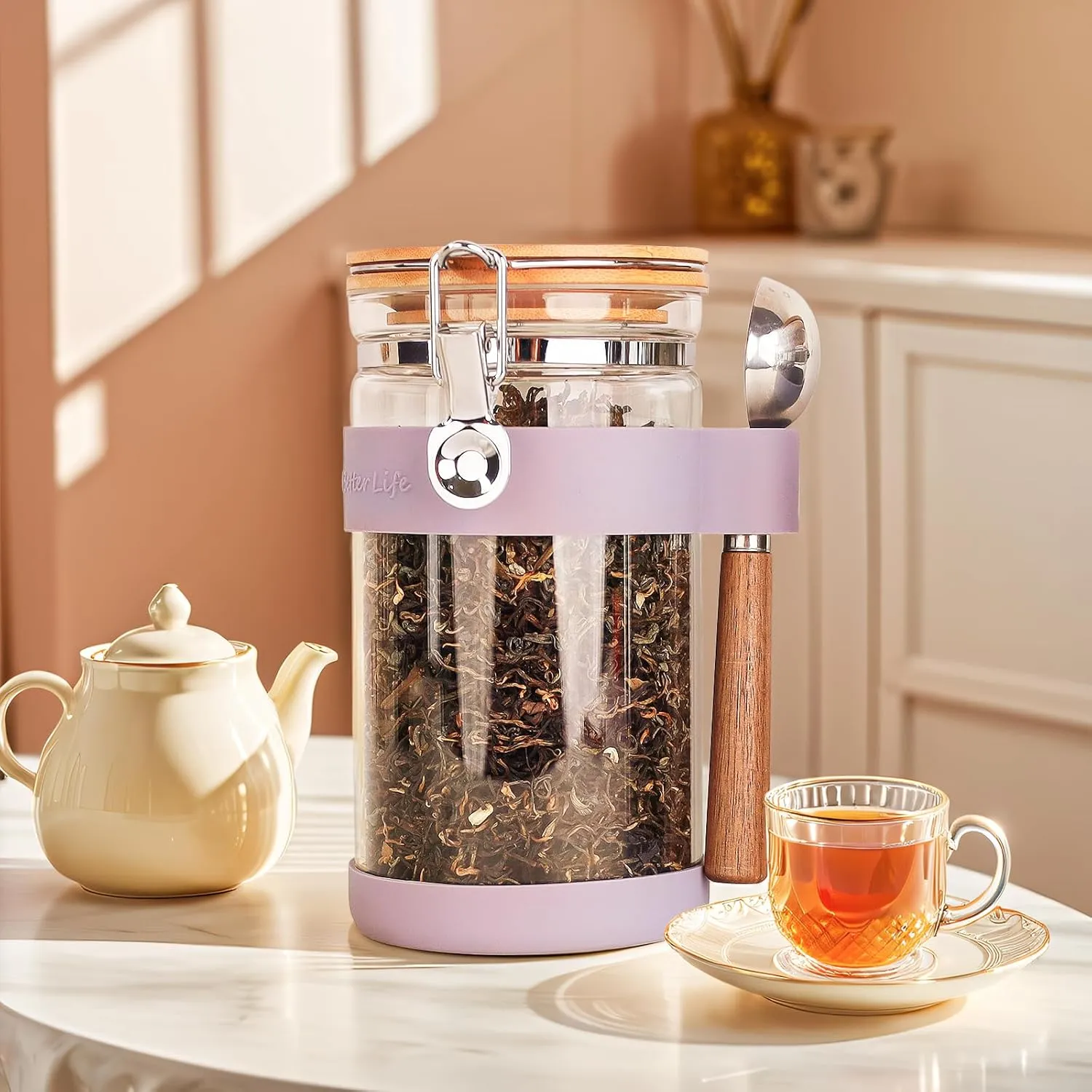 KKC Home Accents Airtight Glass Coffee Beans Storage Jar & Loose Leaf Tea Canister – Borosilicate Glass Container with Bamboo Lid, Scoop & Labels for Sugar,Tea,Nuts,Pantry Organization – 40 Fl. Oz
