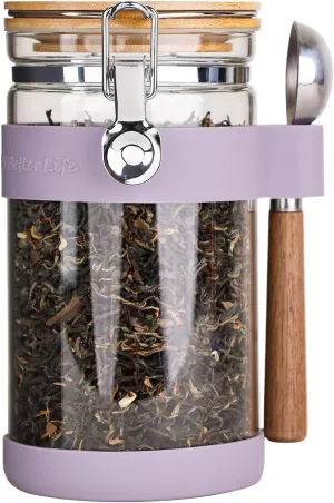 KKC Home Accents Airtight Glass Coffee Beans Storage Jar & Loose Leaf Tea Canister – Borosilicate Glass Container with Bamboo Lid, Scoop & Labels for Sugar,Tea,Nuts,Pantry Organization – 40 Fl. Oz