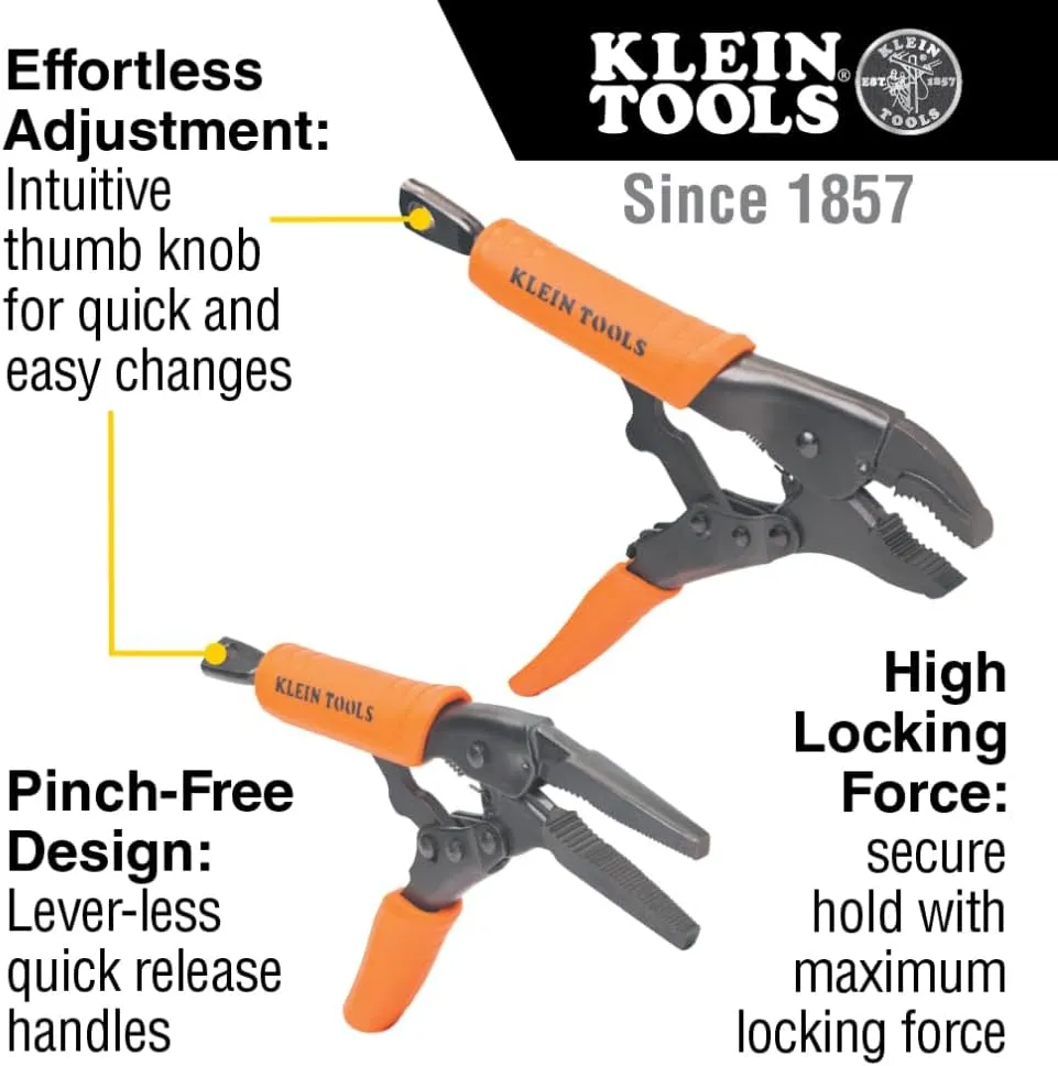 Klein Tools 38663 Locking Pliers Set, 7-Inch Long Nose and 10-Inch Curved Jaw Pliers, High Torque and Gripping Power, 2-Piece