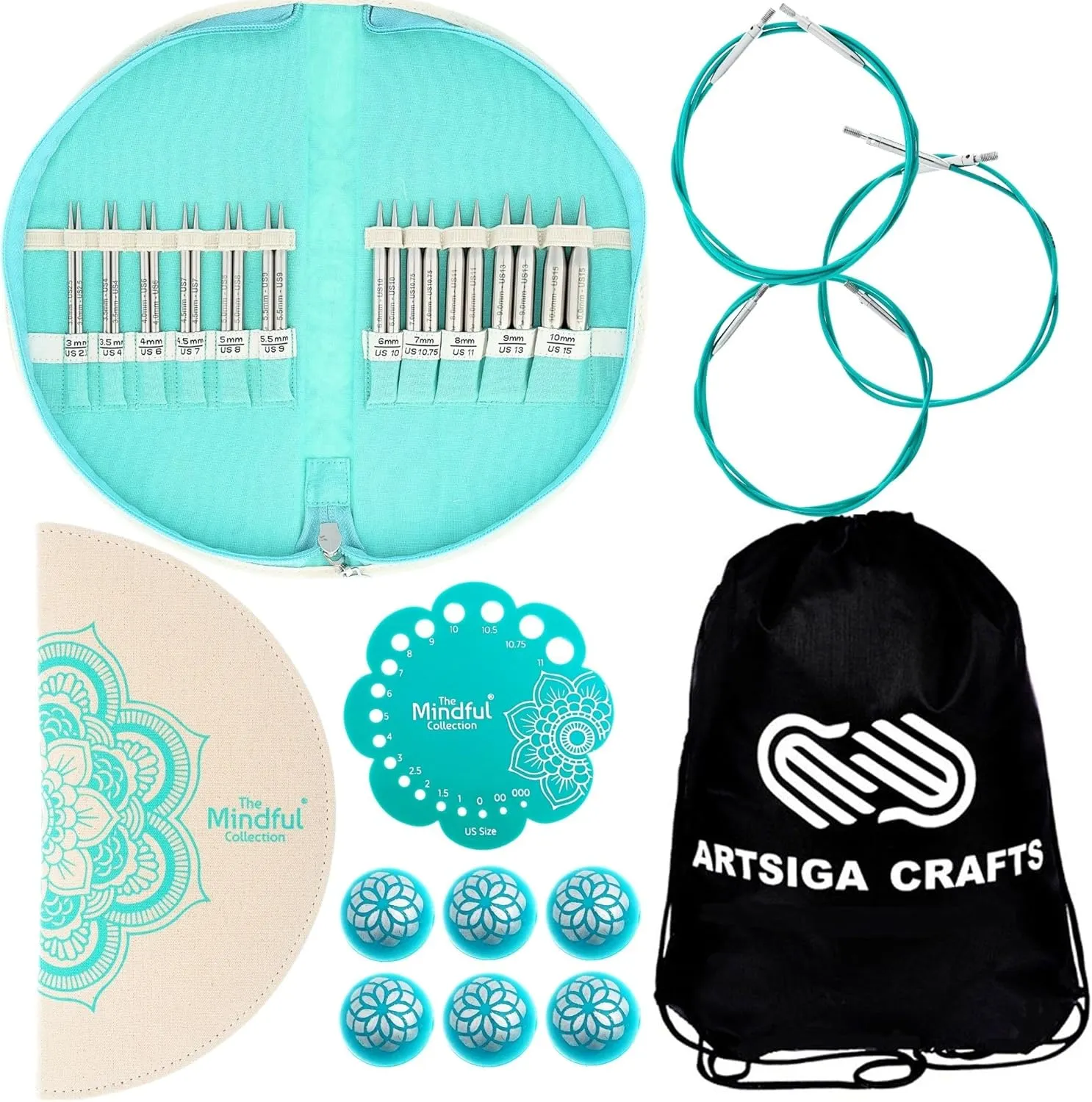 KnitPro Mindful Warmth Set 4 Inch Circular Knitting Needles Size 2.5, 4, 6, 7, 8, 9, 10, 10.75, 11, 13, 15 Interchangeable, 3 Cables & More, Fabric Case with Project Bag