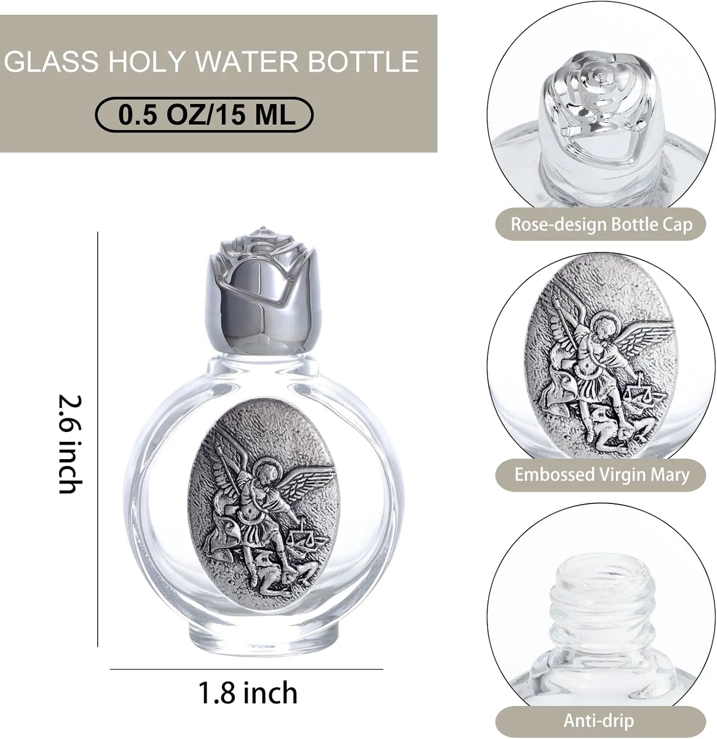 KOMI 12PCS Glass Holy Water Bottle 0.5 floz Mini Holy Water Container with Embossed St Michael the Archangel Religious Empty Travel Bottle Church Catholic Gifts