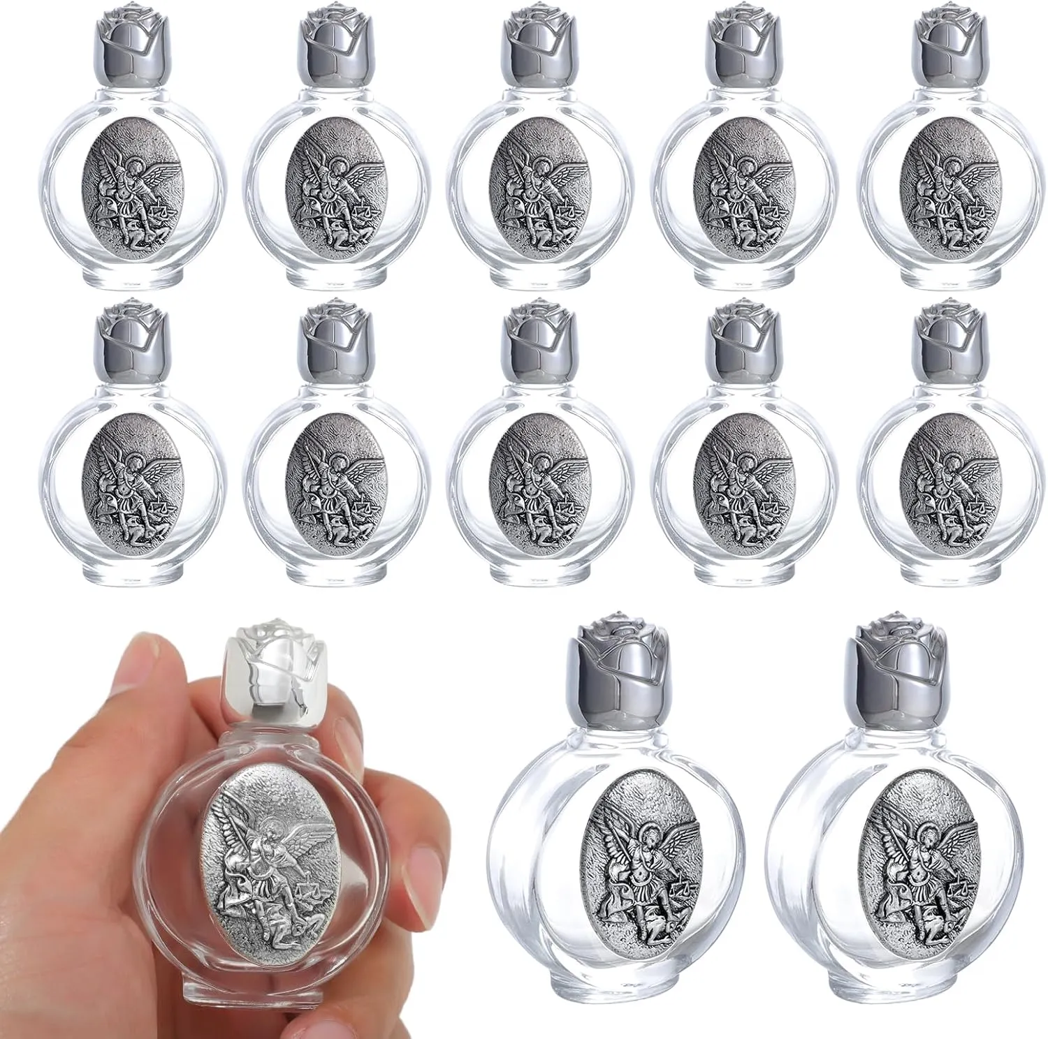 KOMI 12PCS Glass Holy Water Bottle 0.5 floz Mini Holy Water Container with Embossed St Michael the Archangel Religious Empty Travel Bottle Church Catholic Gifts