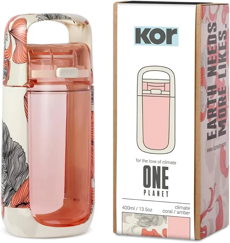 KOR One Planet 13.5oz Tritan Water Bottle with Lid Safety Lock, One Click Open Cap and Ergonomic Carry Handle - Features Unique Water-Dipped Designs Inspired by Nature