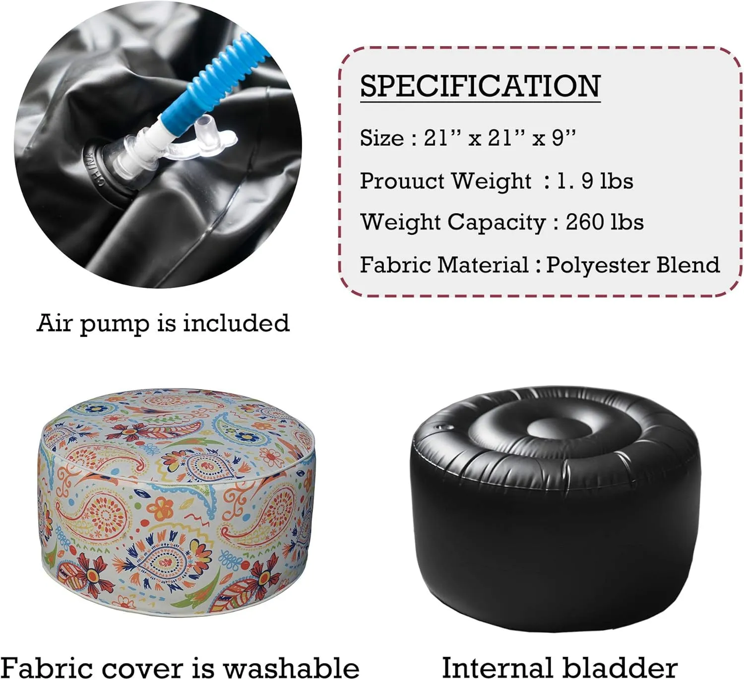 Kozyard Inflatable Ottoman Stool - Portable Round Pouf for Indoor/Outdoor Use - Perfect Small Foot Rest or Seating for Kids and Adults - Ideal for Camping or Home (Abstract Warm)