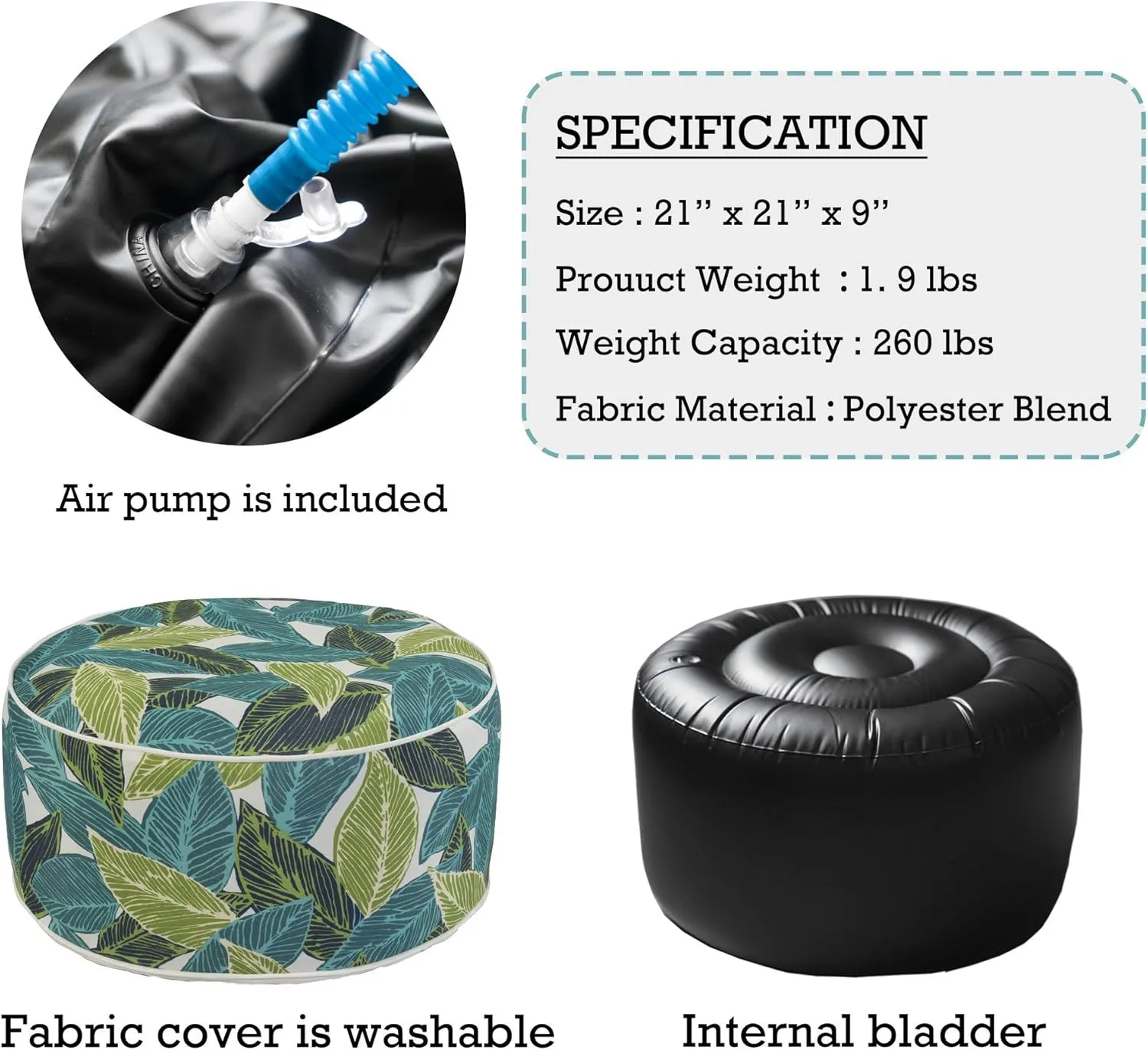 Kozyard Inflatable Ottoman Stool - Portable Round Pouf for Indoor/Outdoor Use - Perfect Small Foot Rest or Seating for Kids and Adults - Ideal for Camping or Home (Acacia Leaf)