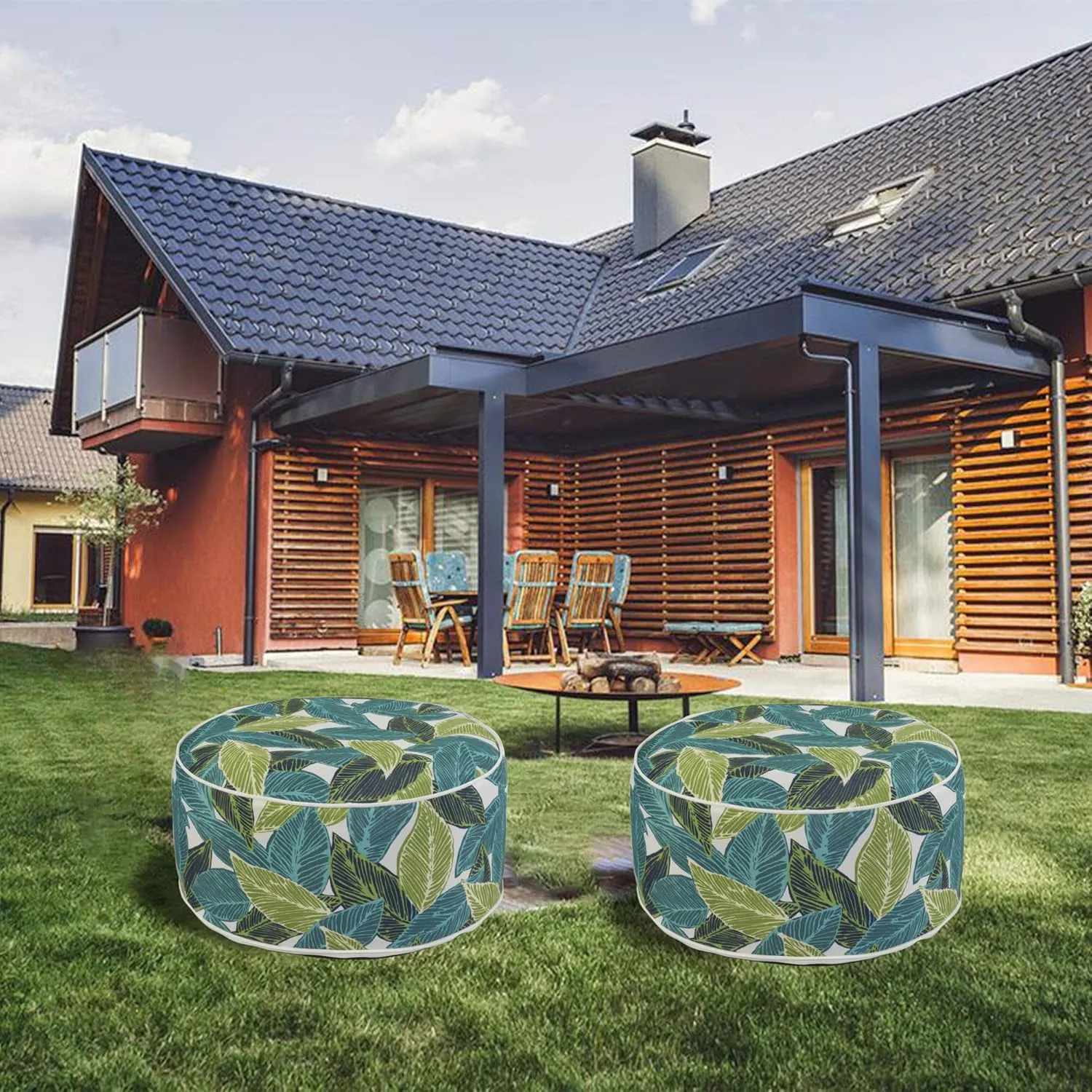 Kozyard Inflatable Ottoman Stool - Portable Round Pouf for Indoor/Outdoor Use - Perfect Small Foot Rest or Seating for Kids and Adults - Ideal for Camping or Home (Acacia Leaf)