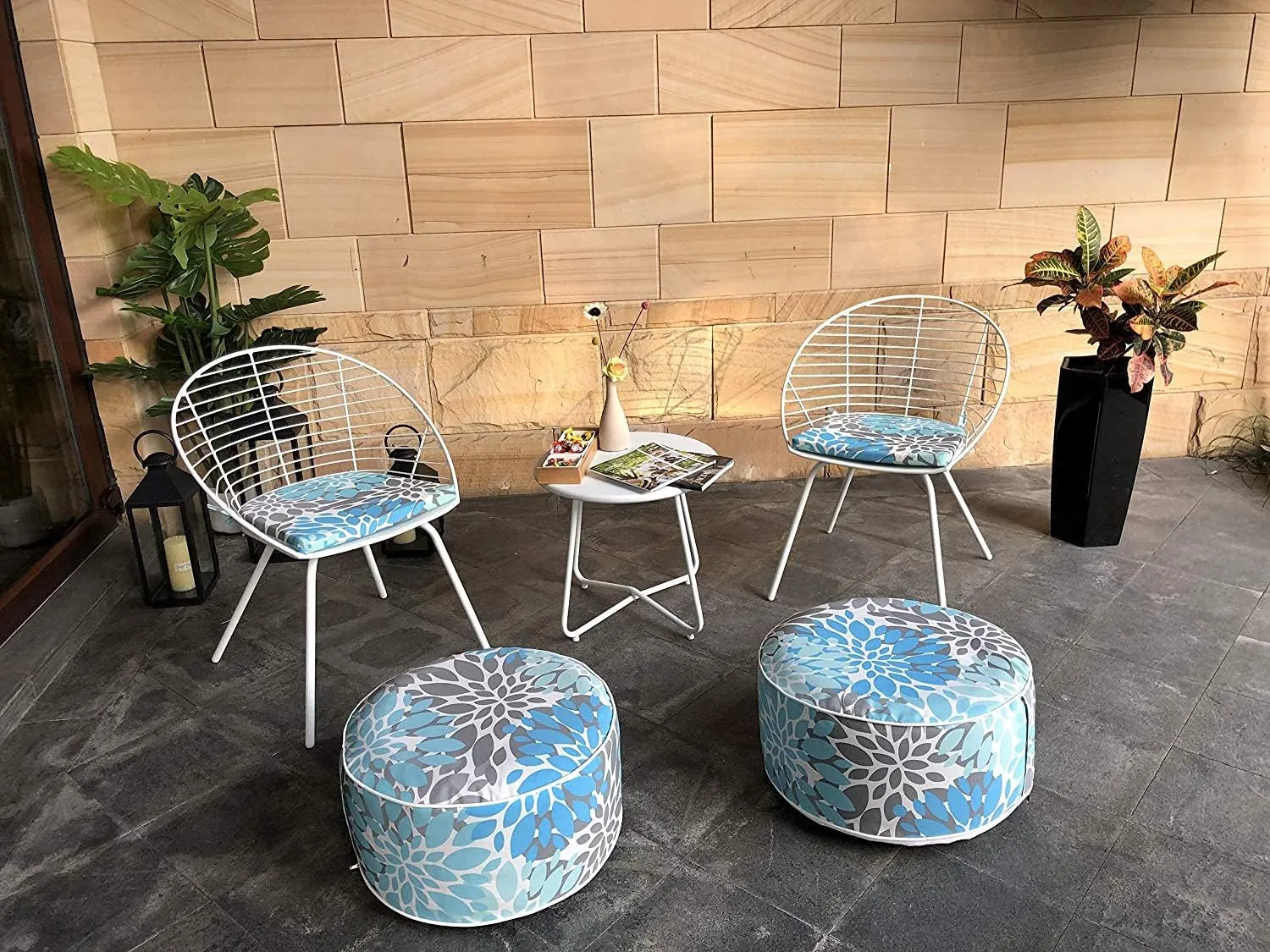 Kozyard Inflatable Ottoman Stool - Portable Round Pouf for Indoor/Outdoor Use - Perfect Small Foot Rest or Seating for Kids and Adults - Ideal for Camping or Home (Blue Pattern)